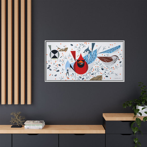 Charley Harper Birdfeeders Framed Giclee Stretched on Canvas Print Wall Art-Minimal Realism Style Wildlife With Cardinals & Blue Jays