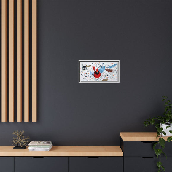Charley Harper Birdfeeders Framed Giclee Stretched on Canvas Print Wall Art-Minimal Realism Style Wildlife With Cardinals & Blue Jays