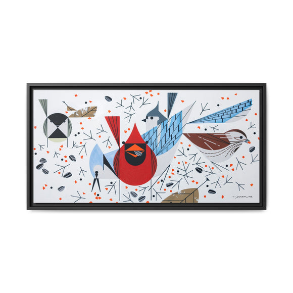 Charley Harper Birdfeeders Framed Giclee Stretched on Canvas Print Wall Art-Minimal Realism Style Wildlife With Cardinals & Blue Jays