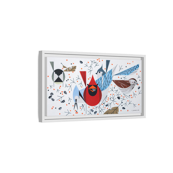 Charley Harper Birdfeeders Framed Giclee Stretched on Canvas Print Wall Art-Minimal Realism Style Wildlife With Cardinals & Blue Jays