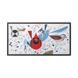 Charley Harper Birdfeeders Framed Giclee Stretched on Canvas Print Wall Art-Minimal Realism Style Wildlife With Cardinals & Blue Jays
