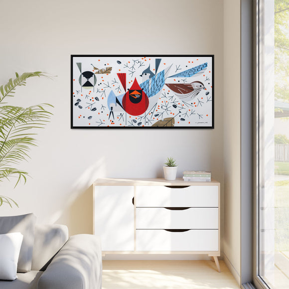 Charley Harper Birdfeeders Framed Giclee Stretched on Canvas Print Wall Art-Minimal Realism Style Wildlife With Cardinals & Blue Jays