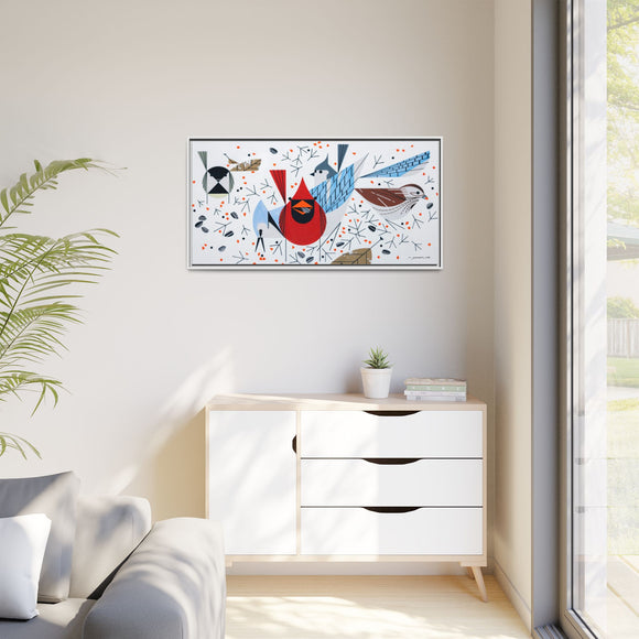 Charley Harper Birdfeeders Framed Giclee Stretched on Canvas Print Wall Art-Minimal Realism Style Wildlife With Cardinals & Blue Jays