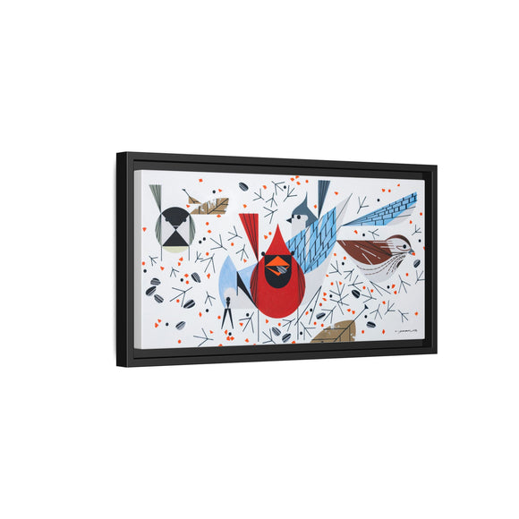 Charley Harper Birdfeeders Framed Giclee Stretched on Canvas Print Wall Art-Minimal Realism Style Wildlife With Cardinals & Blue Jays