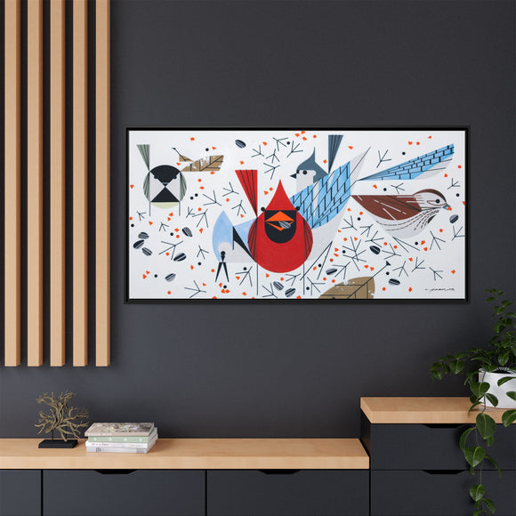 Charley Harper Birdfeeders Framed Giclee Stretched on Canvas Print Wall Art-Minimal Realism Style Wildlife With Cardinals & Blue Jays