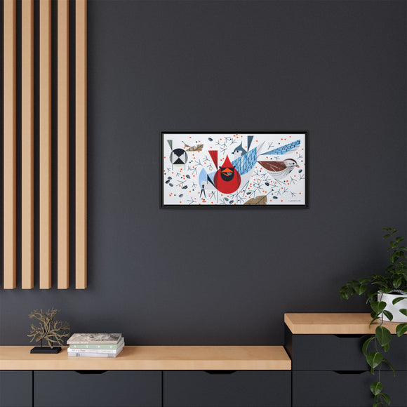 Charley Harper Birdfeeders Framed Giclee Stretched on Canvas Print Wall Art-Minimal Realism Style Wildlife With Cardinals & Blue Jays