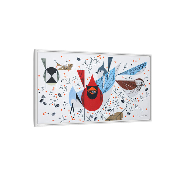 Charley Harper Birdfeeders Framed Giclee Stretched on Canvas Print Wall Art-Minimal Realism Style Wildlife With Cardinals & Blue Jays
