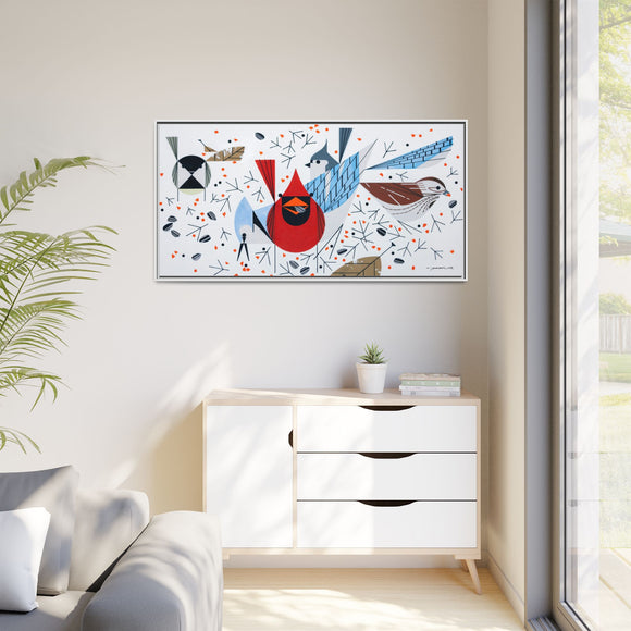 Charley Harper Birdfeeders Framed Giclee Stretched on Canvas Print Wall Art-Minimal Realism Style Wildlife With Cardinals & Blue Jays