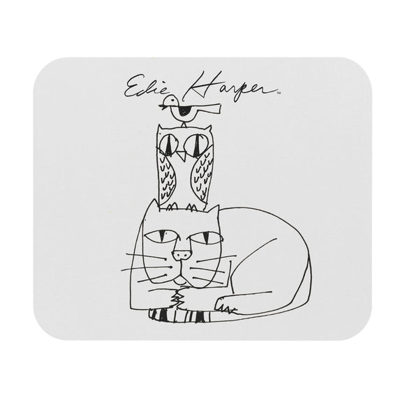 Edie Harper Line Art Cat Owl Bird Mouse Pad (Rectangle)