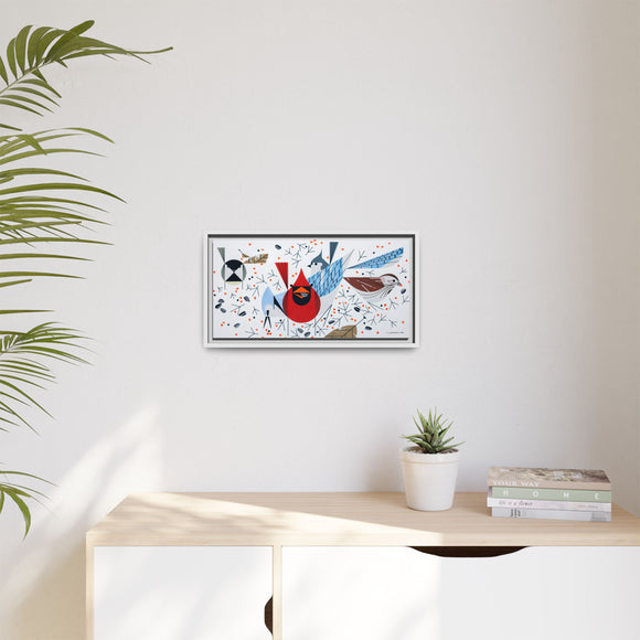 Charley Harper Birdfeeders Framed Giclee Stretched on Canvas Print Wall Art-Minimal Realism Style Wildlife With Cardinals & Blue Jays