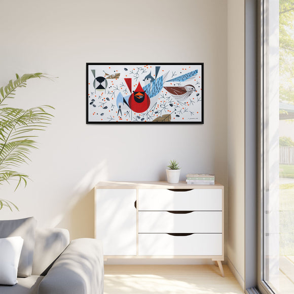 Charley Harper Birdfeeders Framed Giclee Stretched on Canvas Print Wall Art-Minimal Realism Style Wildlife With Cardinals & Blue Jays