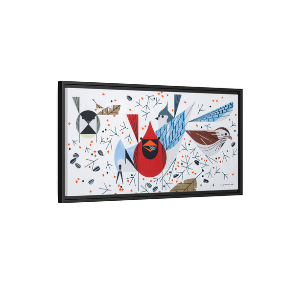 Charley Harper Birdfeeders Framed Giclee Stretched on Canvas Print Wall Art-Minimal Realism Style Wildlife With Cardinals & Blue Jays
