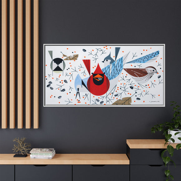 Charley Harper Birdfeeders Framed Giclee Stretched on Canvas Print Wall Art-Minimal Realism Style Wildlife With Cardinals & Blue Jays