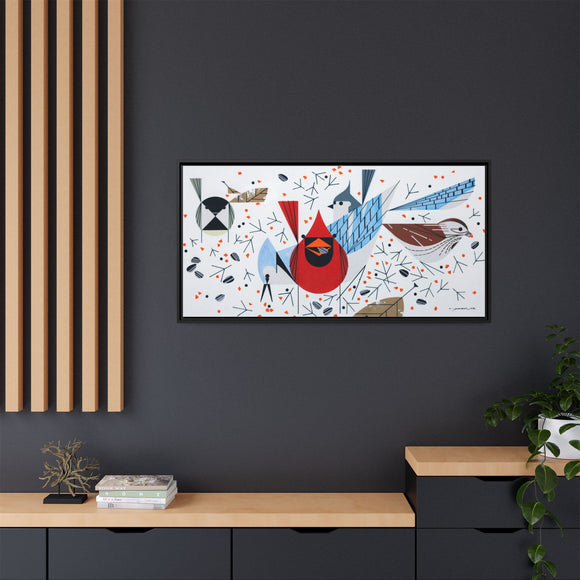 Charley Harper Birdfeeders Framed Giclee Stretched on Canvas Print Wall Art-Minimal Realism Style Wildlife With Cardinals & Blue Jays
